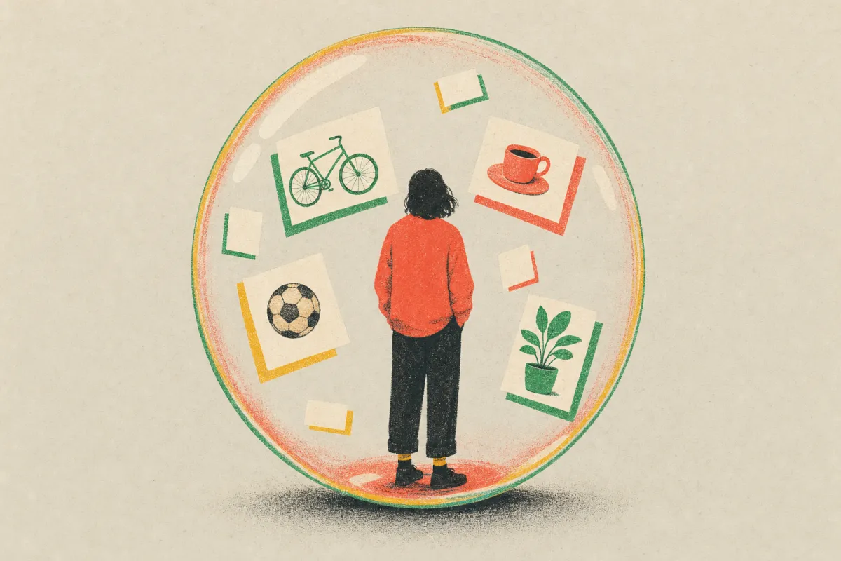 En person i en stor sæbeboble omgivet af kort med en cykel, en kaffekop, en fodbold og en plante